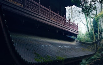 A traditional building features a curved roof with intricate wooden railing details. The roof is covered in some green moss, indicating age or a damp environment. Leafy trees surround the structure, providing a natural, serene setting.