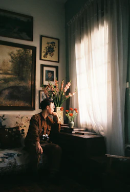 A warm portrait of a thoughtful woman in a cozy, sunlit room filled with plants and architectural sketches.