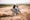 A motorcyclist wearing a helmet is performing a dynamic maneuver on a dirt bike. The bike is kicking up dust as the rider leans into the turn on an open dirt field. A bridge spans the background, creating an expansive outdoor setting.
