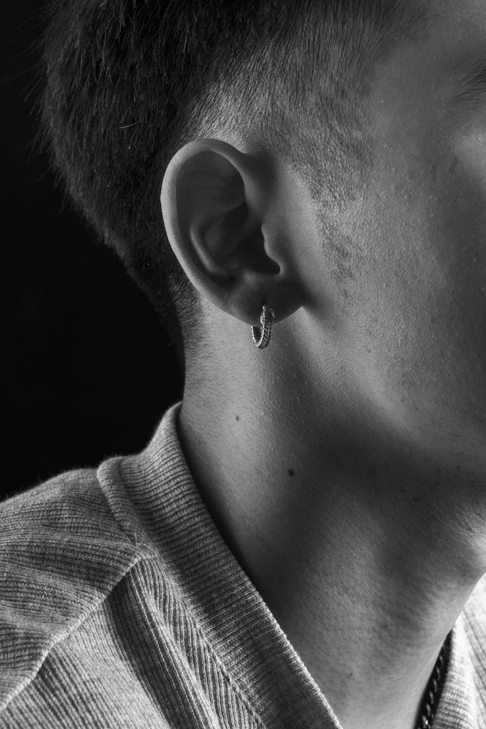 a man wearing a pair of earrings on his ear