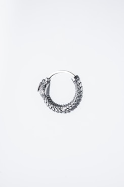 a pair of silver hoop earrings on a white background