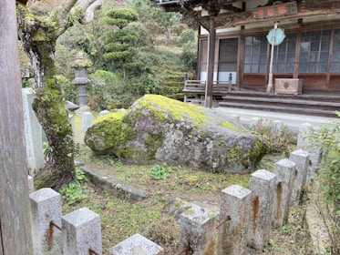 A tranquil garden scene featuring a large moss-covered rock surrounded by a low stone fence. The garden includes well-trimmed bushes and a tree with gnarled branches. In the background, there is a traditional wooden building with sliding doors and a hanging lantern.