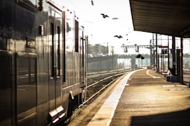 A train platform bathed in warm sunlight, with a train on the left side of the image. Birds are flying over the tracks, and the platform is empty with shadows stretching across the ground. The scene conveys a sense of calmness and solitude.