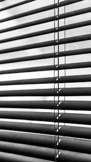 a black and white photo of a window with blinds