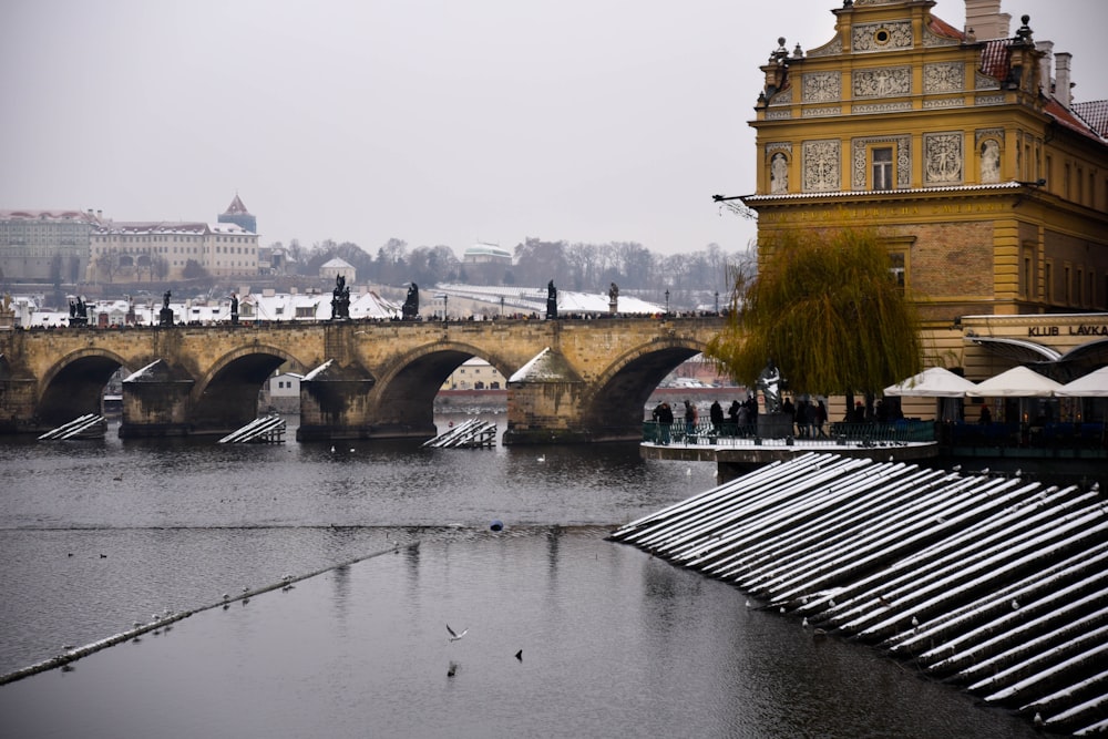 a bridge over a body of water with a building in the background