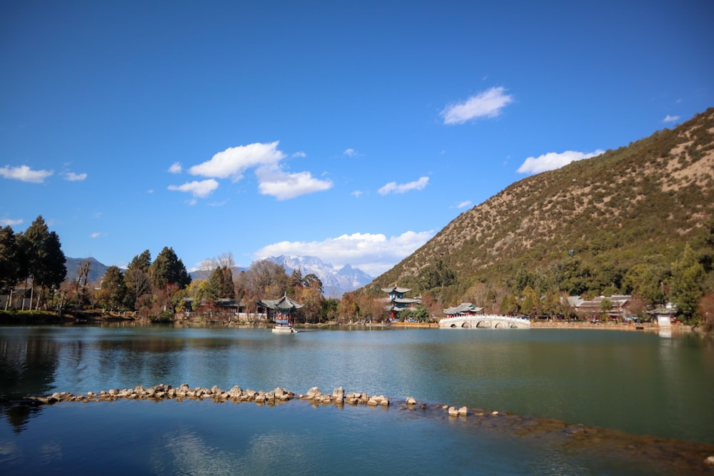 a body of water surrounded by mountains and trees