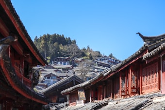 A picturesque view of a traditional village with wooden buildings and ornate roof designs set against a clear blue sky. The sloping terrain is lined with dense trees at the horizon, creating a serene and timeless atmosphere.