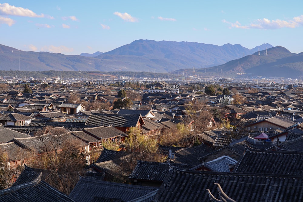 a view of a city with mountains in the background