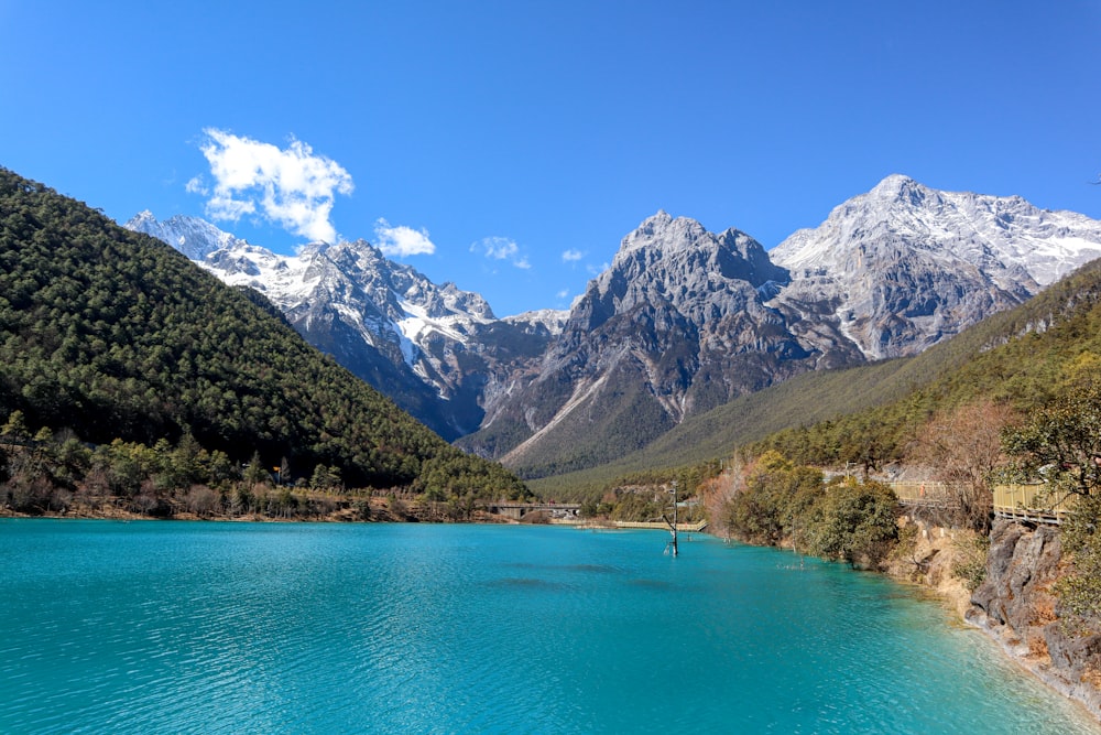 a blue lake surrounded by mountains and trees