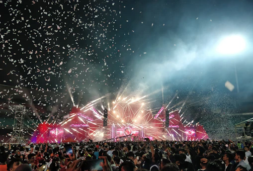 A vibrant crowd cheering at a lively media event under colorful lights.
