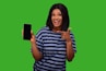 A happy customer using the lumo app on their smartphone.
