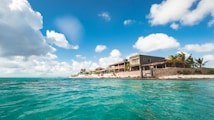 A beautiful coastal scene featuring a tranquil turquoise sea with gentle waves. A sandy shore lined with palm trees and modern beachside buildings stretches towards the horizon. The sky above is vibrant blue, filled with fluffy white clouds, creating a picturesque tropical atmosphere.