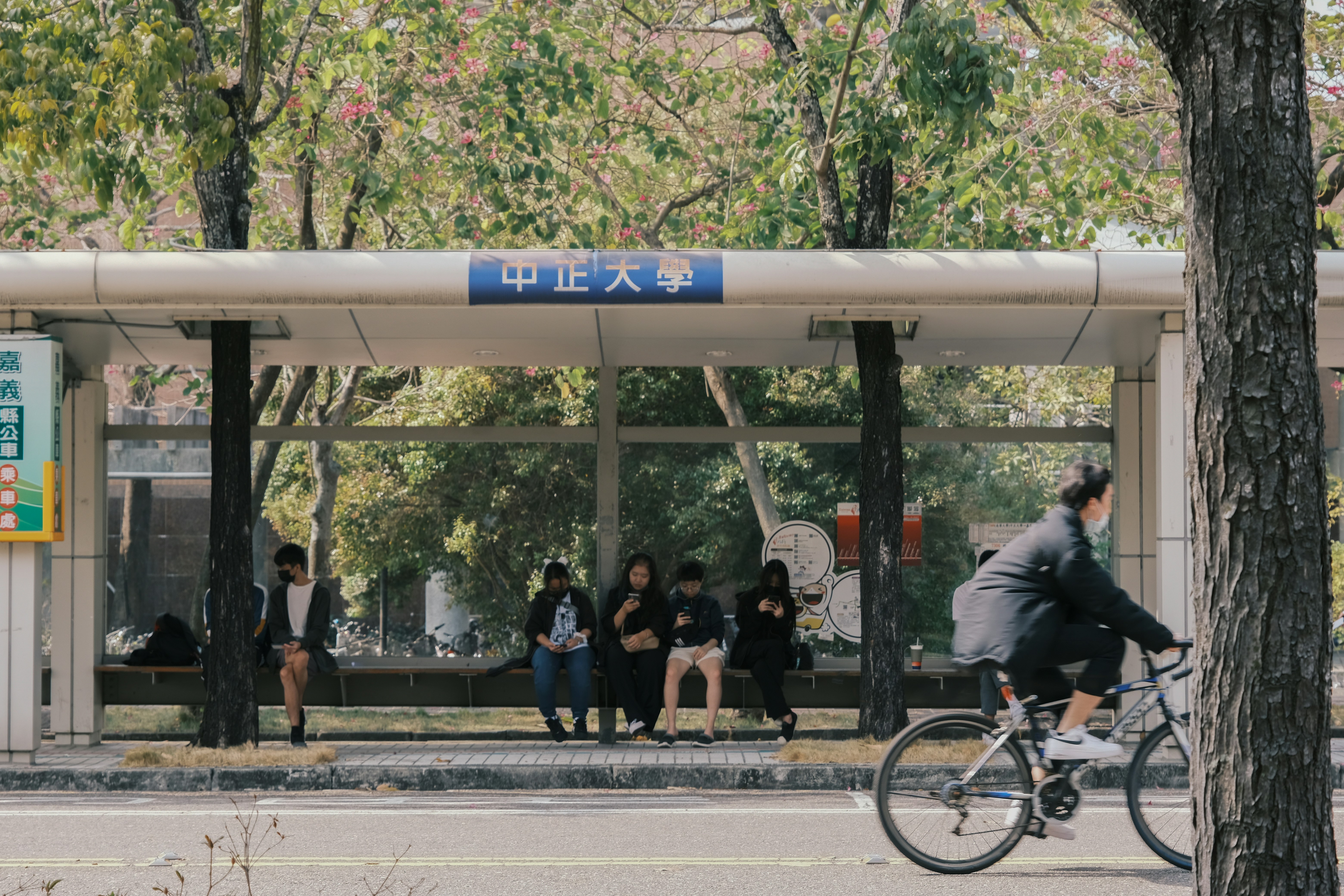 a man riding a bike past a bus stop, One of Taiwan