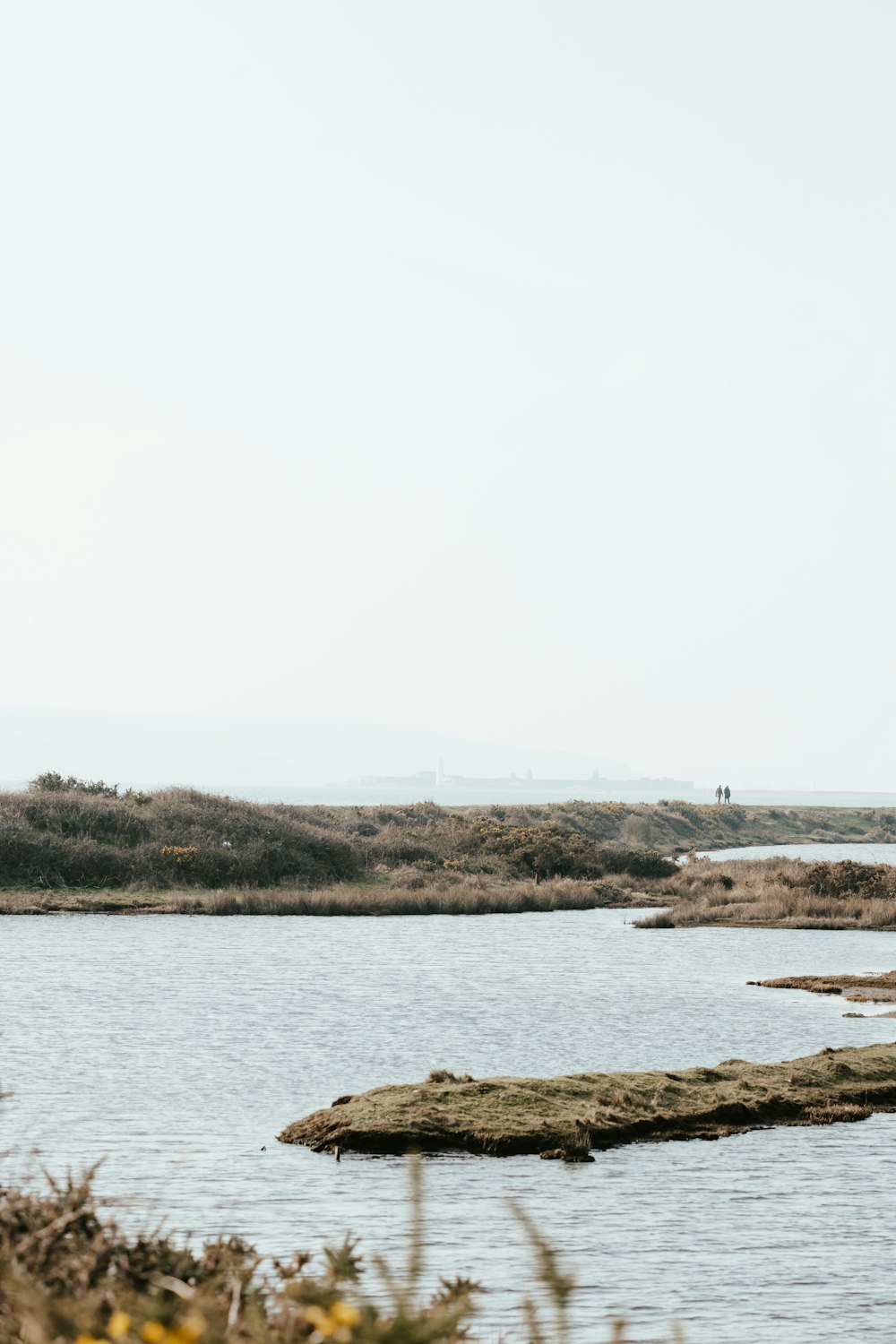 a large body of water sitting next to a lush green field