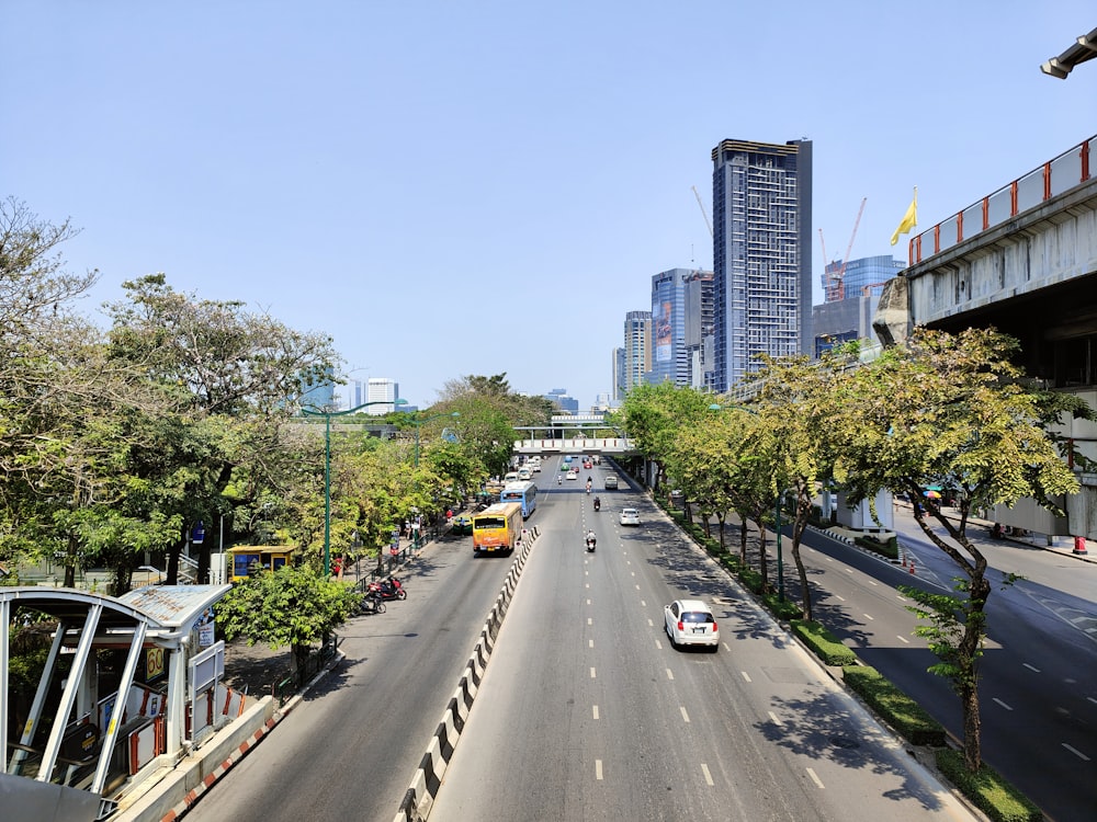 a view of a city street from a bridge