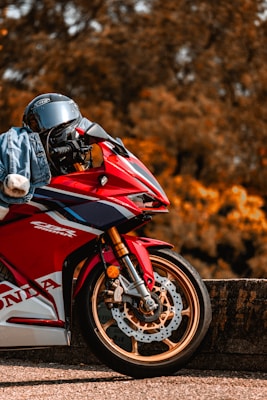 A red sport motorcycle with gold wheels is parked on a road next to a concrete barrier. The background features autumn-colored trees, creating a warm, rustic setting. The motorcycle has a sleek design with a noticeable Honda logo.