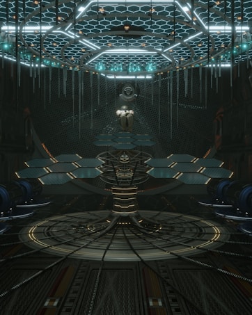 A futuristic and intricate interior featuring a combination of geometric patterns and technological elements. At the center, there is a metallic structure with hexagonal panels arranged in layers. Above it, a complex ceiling design includes honeycomb shapes and glowing lights, with elongated icicle-like structures hanging down. The atmosphere is dark and sophisticated, with cool lighting primarily in blue and white tones.