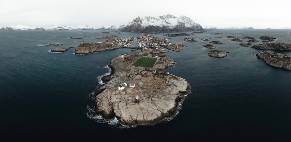 an aerial view of an island in the middle of the ocean