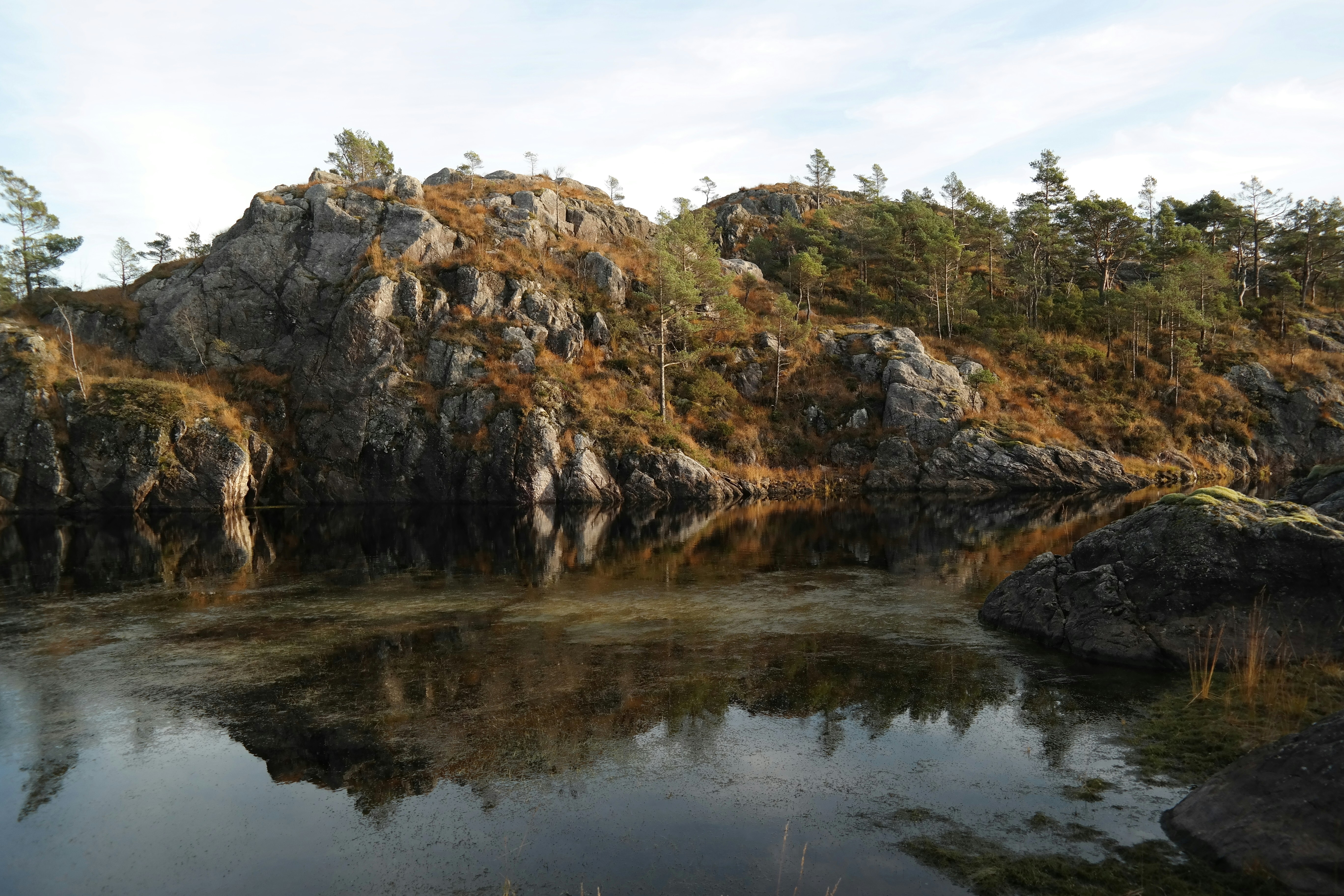 a body of water surrounded by rocks and trees