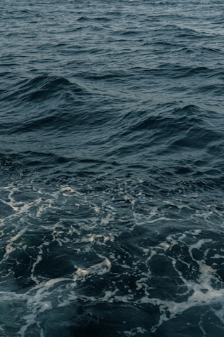 Dark ocean waves with visible frothy white seafoam. The water appears restless and slightly choppy, showcasing the natural textures and movements of the ocean.