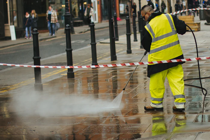 Contractor using a pressure washer on an exterior surface