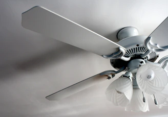 a white ceiling fan in a white room