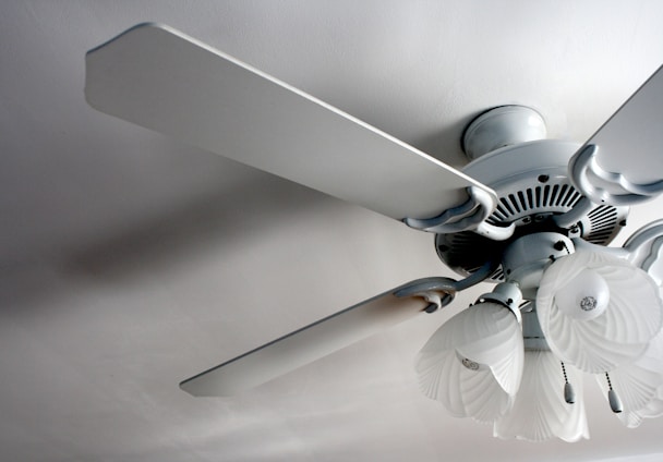 a white ceiling fan in a white room