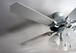 A close-up view of a ceiling fan with four blades and attached light fixtures. The fan and light fixtures are white, with the light fixtures having a floral, frosted glass design. Two pull chains hang from the light fixture. The fan is mounted on a smooth ceiling, casting subtle shadows.