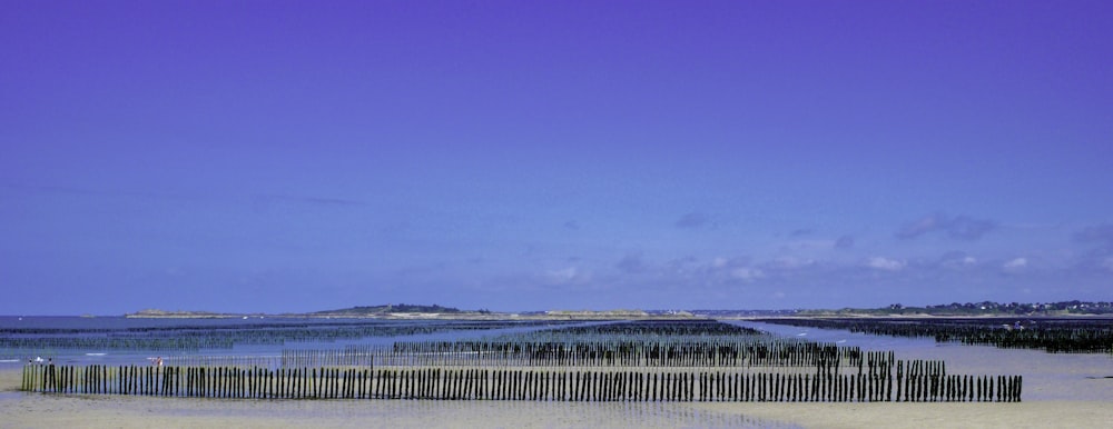 a sandy beach with a fence and ocean in the background