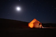 Bedouin tents glowing warmly under the starry desert night sky.
