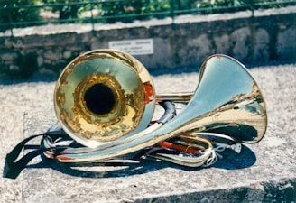A brass instrument, possibly a sousaphone or tuba, rests on a stone surface outdoors. The shiny metallic surface reflects sunlight, creating bright highlights. The background features a blurred stone wall and greenery.