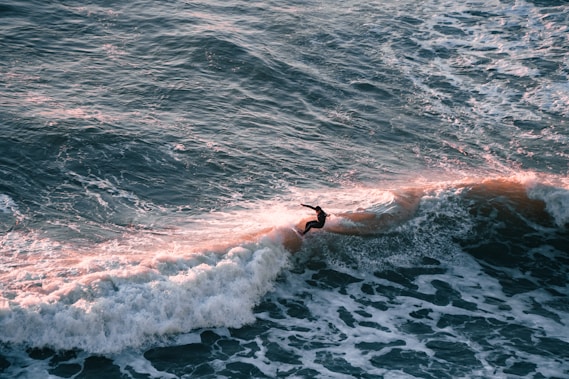 A surfer rides a wave in the ocean with the sunlight casting a warm glow on the water, creating a dynamic and adventurous scene.