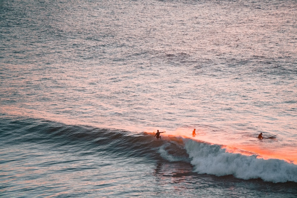 a group of people riding a wave on top of a surfboard