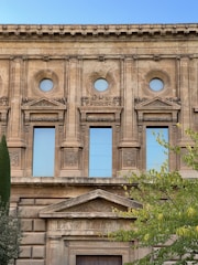 A classical architectural facade featuring ornate stonework with circular and rectangular windows framed by detailed reliefs. The browning stone surfaces echo historic design elements. Green foliage protrudes from the bottom right corner, adding contrast to the stone structure.