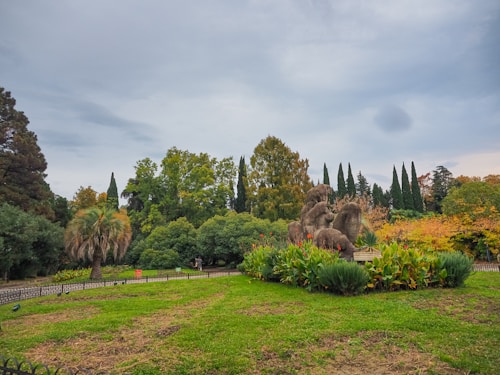 A landscaped garden with neatly cut grass and a variety of lush green trees. Prominent hedges and towering trees form the background, with a sculptural element made of shrub-like formations placed centrally. Bright red flowers add color to the scene.