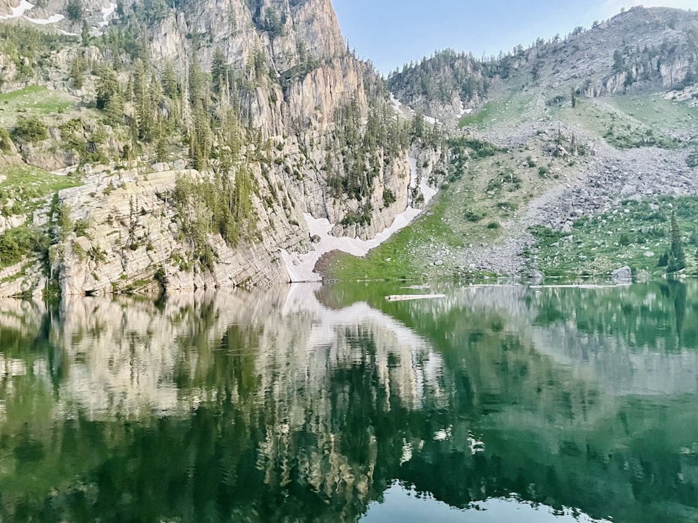 a body of water surrounded by mountains and trees