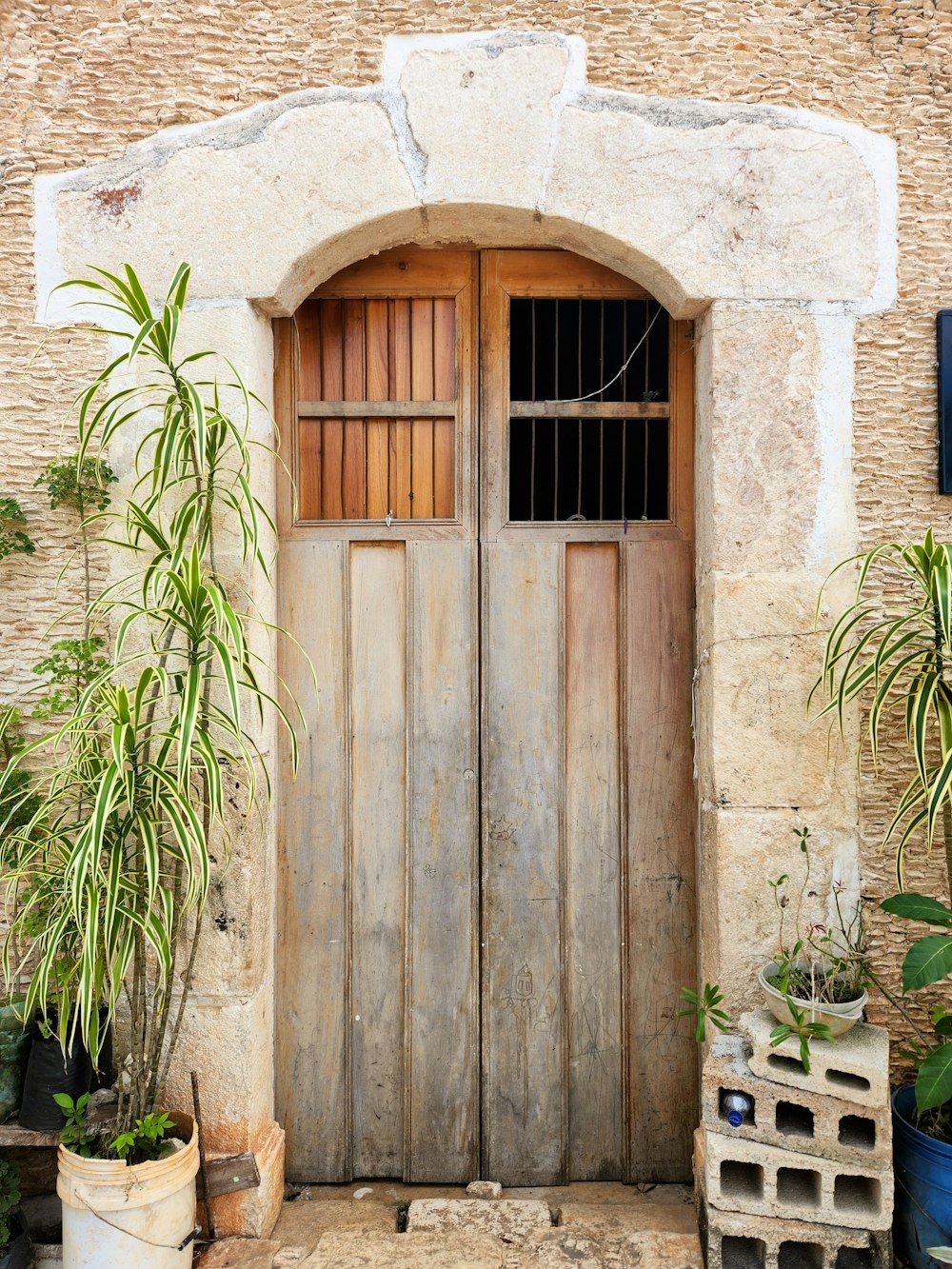 a wooden door with a window and plant pots
