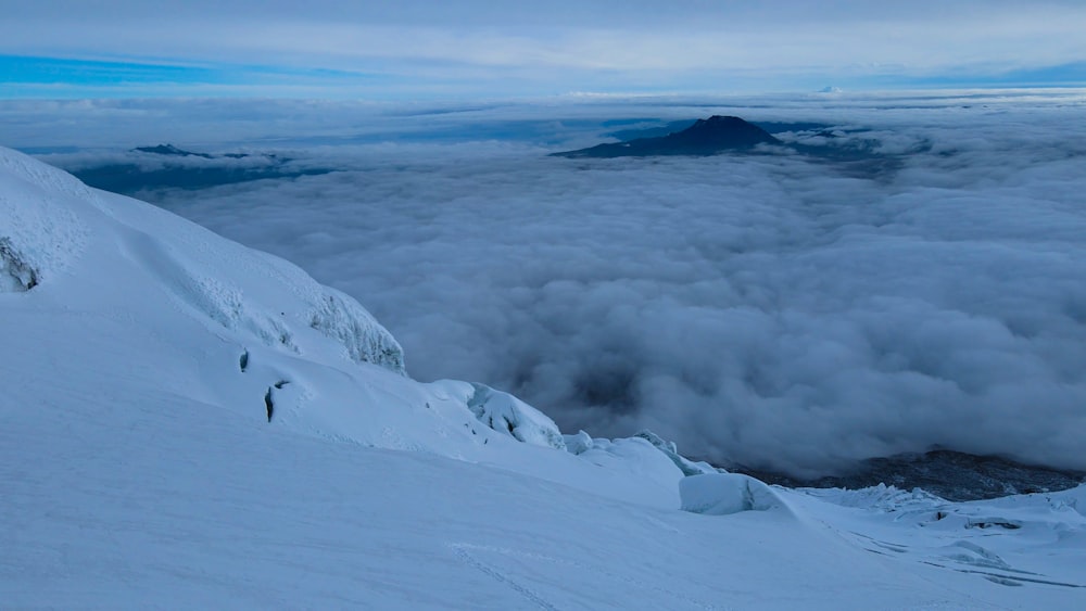 a man standing on top of a snow covered mountain