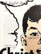 A partially visible human face is depicted in a stylized illustration with bold black outlines and minimal colors. A background features text about religious themes, including mentions of a joyful mother and references to scripture and God. A border with torn paper edges adds an artistic element. The overall composition blends imagery and text, creating a visually striking piece.