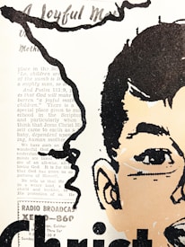 A partially visible human face is depicted in a stylized illustration with bold black outlines and minimal colors. A background features text about religious themes, including mentions of a joyful mother and references to scripture and God. A border with torn paper edges adds an artistic element. The overall composition blends imagery and text, creating a visually striking piece.