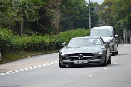 Two cars drive on a road bordered by lush greenery. The foreground features a silver Mercedes-Benz with license plate HK 987, while a larger silver vehicle follows behind. The lush vegetation and trees frame the scene, imparting a sense of motion within a serene natural setting. A lamppost and subtle signs are visible in the background.