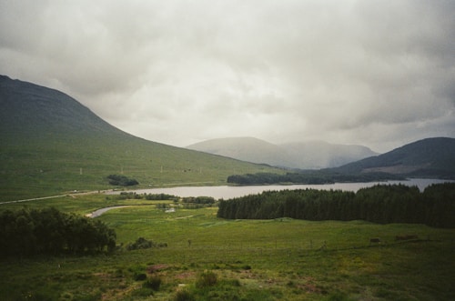 A serene landscape featuring rolling green hills and a large, calm lake. The hills are lush with greenery, and the scene is enveloped in soft, diffused light from an overcast sky. A dense cluster of trees borders the lake, adding a rich texture to the scene.