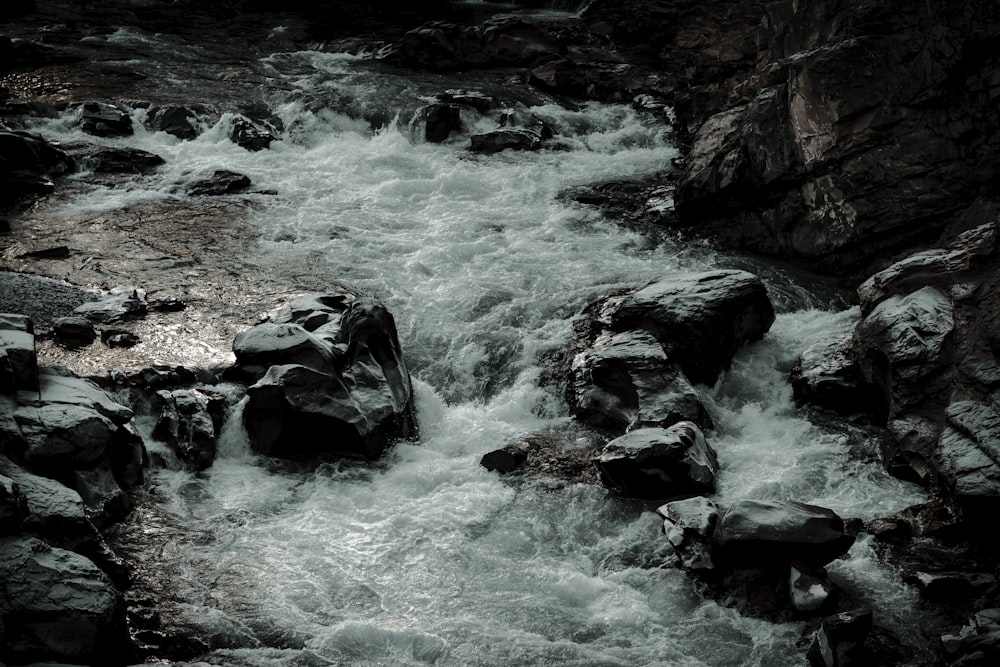 a stream of water running between some rocks