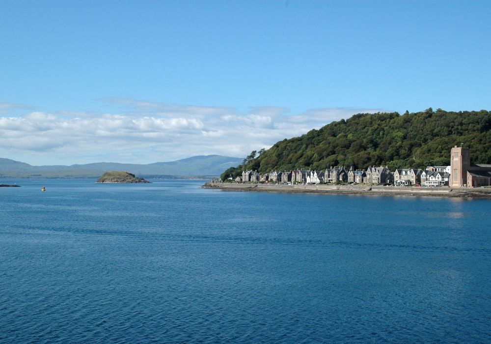 a body of water with houses on a hill in the background