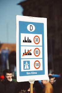 A protest sign with three sections illustrating speed limits in various areas, including urban and highway symbols. The sign has a blue background with white sections and black silhouettes of buildings and roads, accompanied by speed limits bordered in red circles. The phrase 'f&uuml;rs Klima' is printed at the bottom.