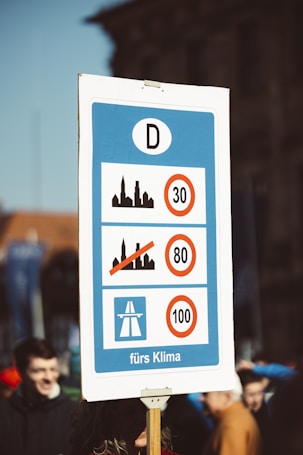 A protest sign with three sections illustrating speed limits in various areas, including urban and highway symbols. The sign has a blue background with white sections and black silhouettes of buildings and roads, accompanied by speed limits bordered in red circles. The phrase 'f&uuml;rs Klima' is printed at the bottom.