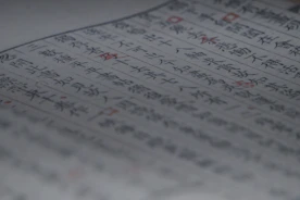 Close-up of a detailed handwritten essay correction with red marks