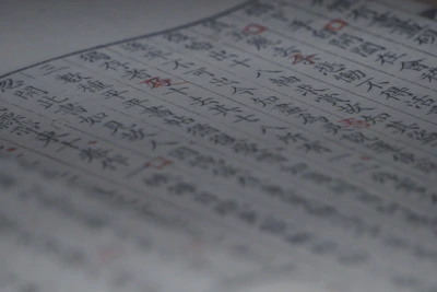 A close-up of a linguist reviewing a printed translation with a red pen, highlighting corrections.