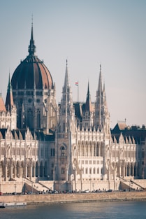 a large building with a flag on top of it