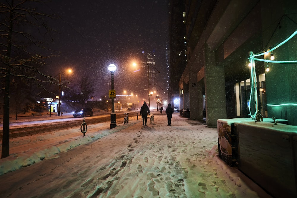 a couple of people walking down a snow covered street